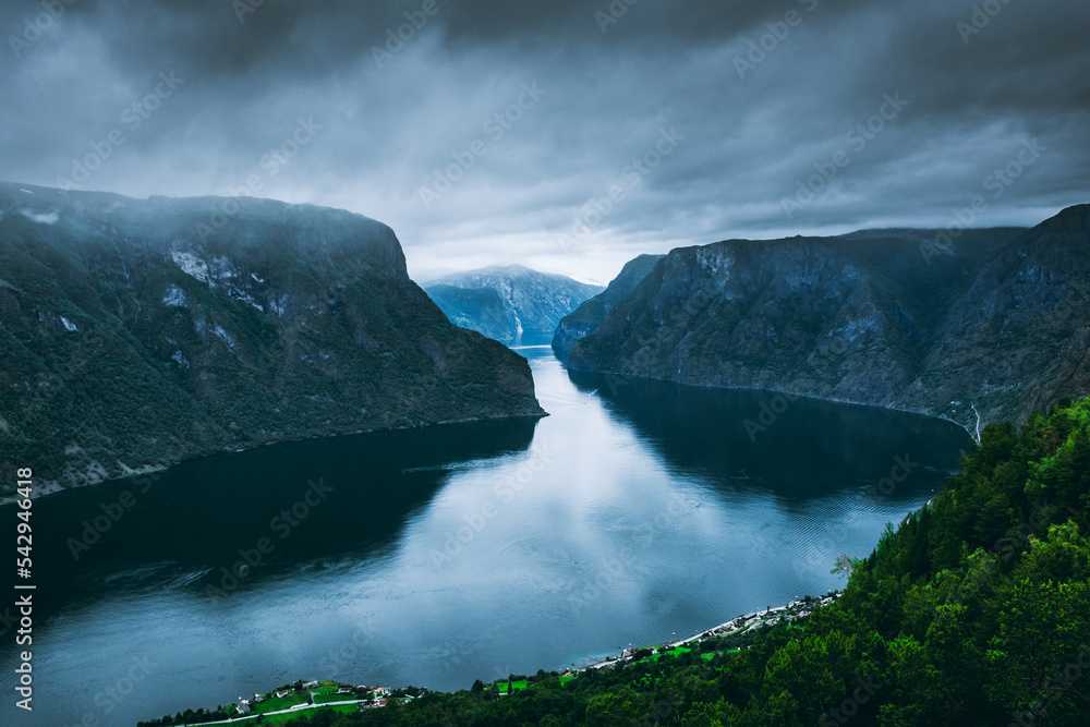 Moody landscape of a fjord,  Aurland, Norway