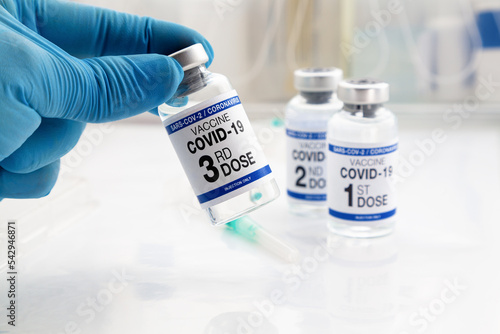 Hand holding COVID-19 Vaccine Vial for vaccination tagged with 3rd dose and background 1st, 2nd vaccines. Doctor holding Coronavirus vaccine bottle with the name of third dose of the vaccine on label