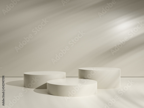 Pedestal podium on natural shadow pastel beige backdrop. Product promotion beauty cosmetics display. Cosmetic background for product presentation. 3d rendering.