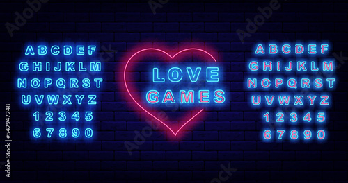 Love games neon signboard. Luminous blue alphabet. Heart frame. Glowing advertising. Vector stock illustration