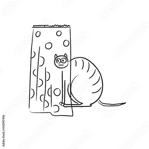 The cat is hiding behind the curtain and watching. Vector illustration. Black and white sketch.