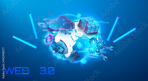 Web 3 0 word concept futuristic background.  Internet that has become prevalent with Blockchain technology in futuristic blue neon color. Upgrade new Technology. Vector illustration