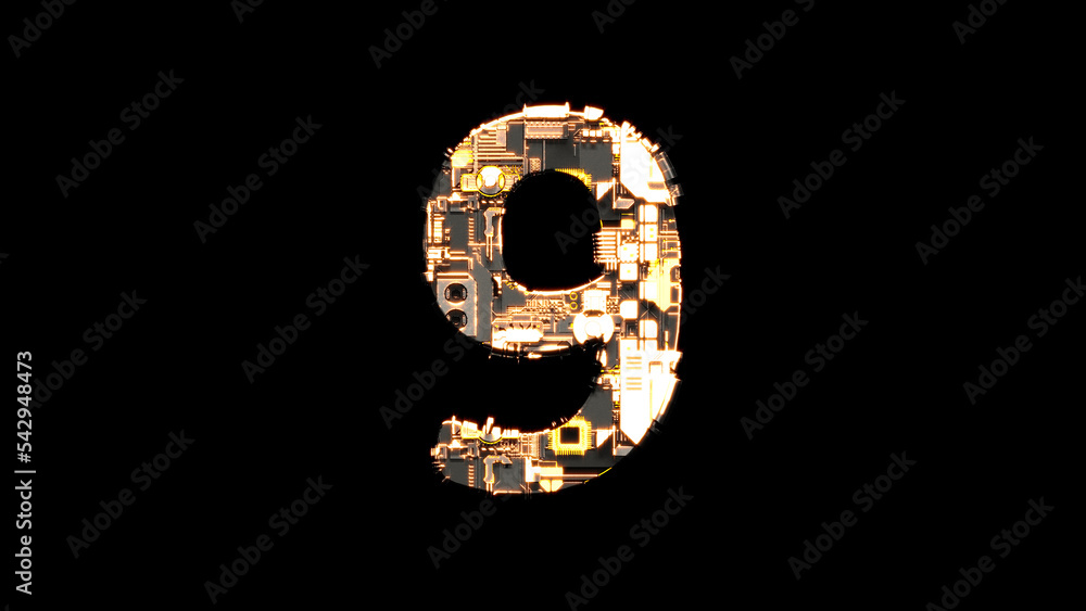 number 9, grunge black and yellow scrap metal cyber punk alphabet, isolated - object 3D rendering