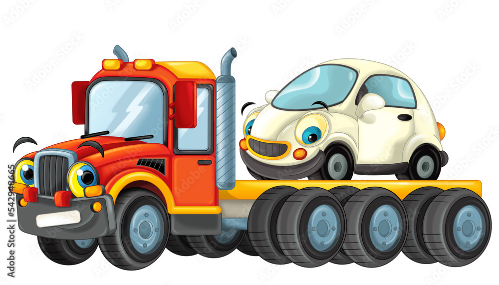 cartoon tow truck driving with load other car isolated