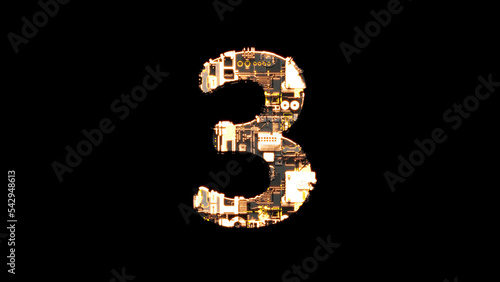 number 3, rough black and yellow metal scrap cyberpunk font, isolated - object 3D illustration
