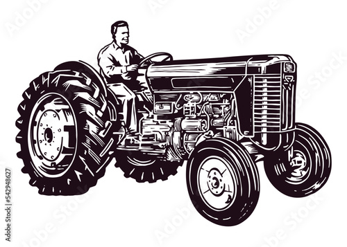 Farmer driving an old tractor - hand drawn illustration