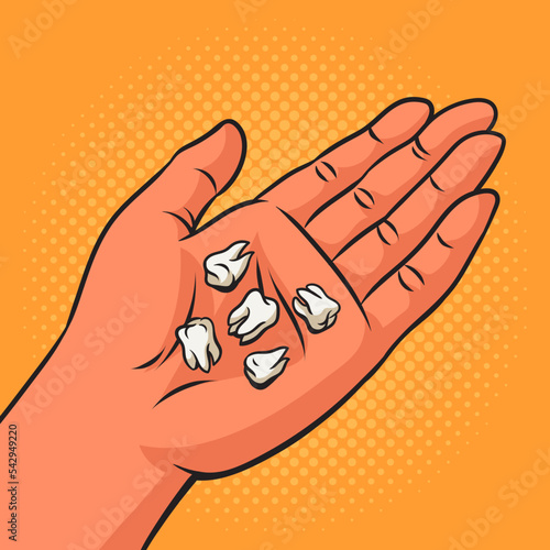 Pulled teeth in hand pinup pop art retro vector illustration. Comic book style imitation.