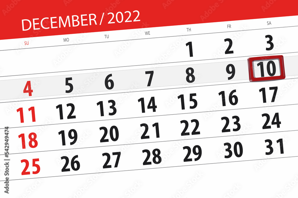 Fototapeta premium Calendar 2022, deadline, day, month, page, organizer, date, december, saturday, number 10