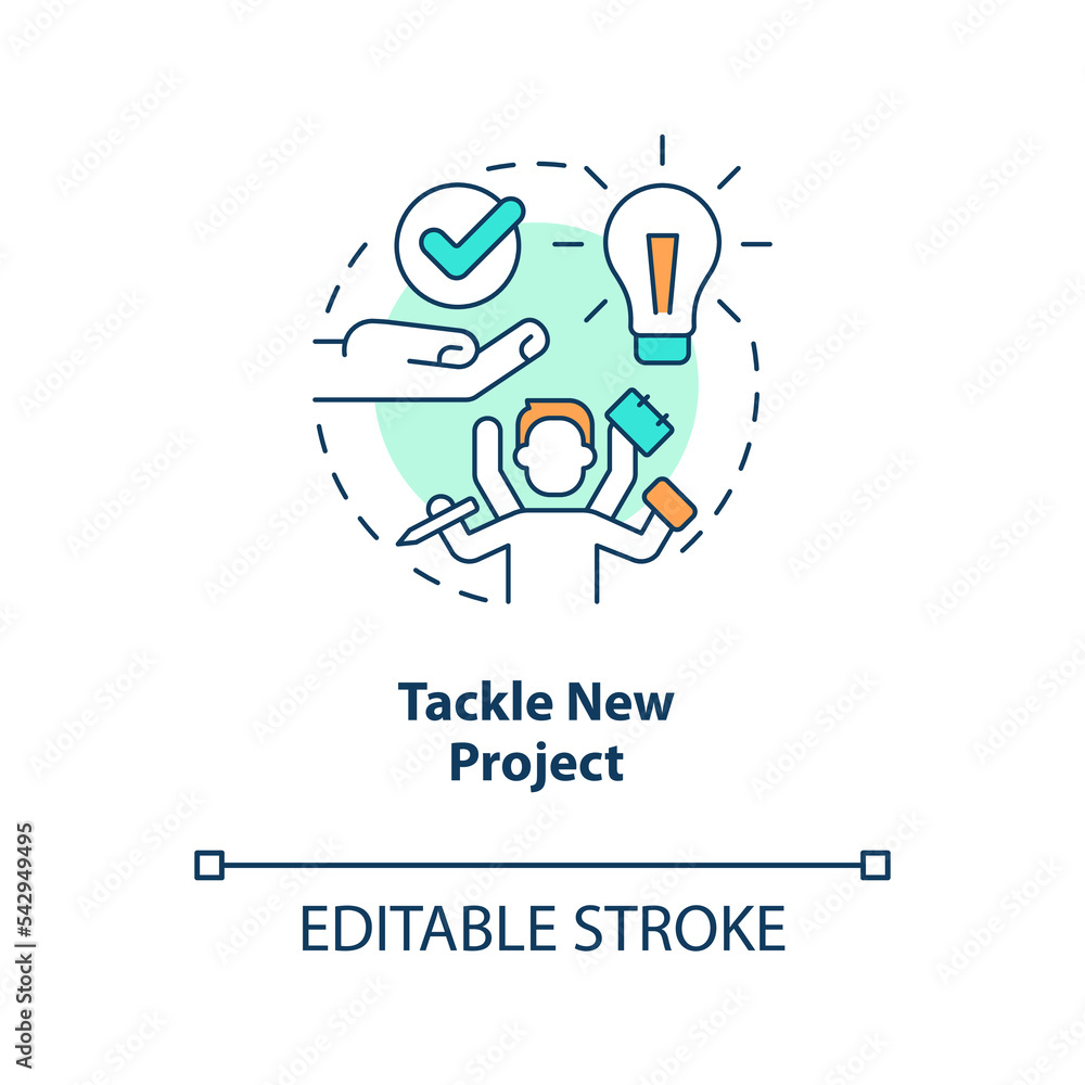 Tackle new project concept icon. Boost employee productivity. Burnout prevention abstract idea thin line illustration. Isolated outline drawing. Editable stroke. Arial, Myriad Pro-Bold fonts used