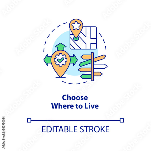 Choose where to live concept icon. Mobility opportunity. Remote workplace advantage abstract idea thin line illustration. Isolated outline drawing. Editable stroke. Arial, Myriad Pro-Bold fonts used