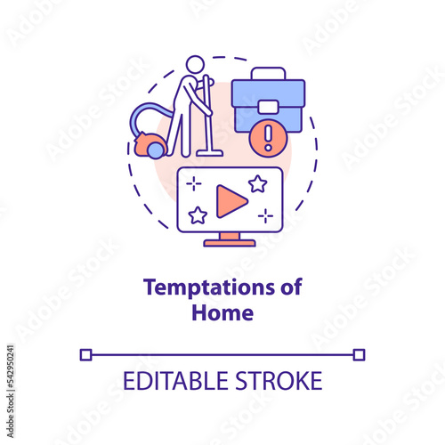 Temptations of home office concept icon. Distraction of remote working. Triggers abstract idea thin line illustration. Isolated outline drawing. Editable stroke. Arial, Myriad Pro-Bold fonts used