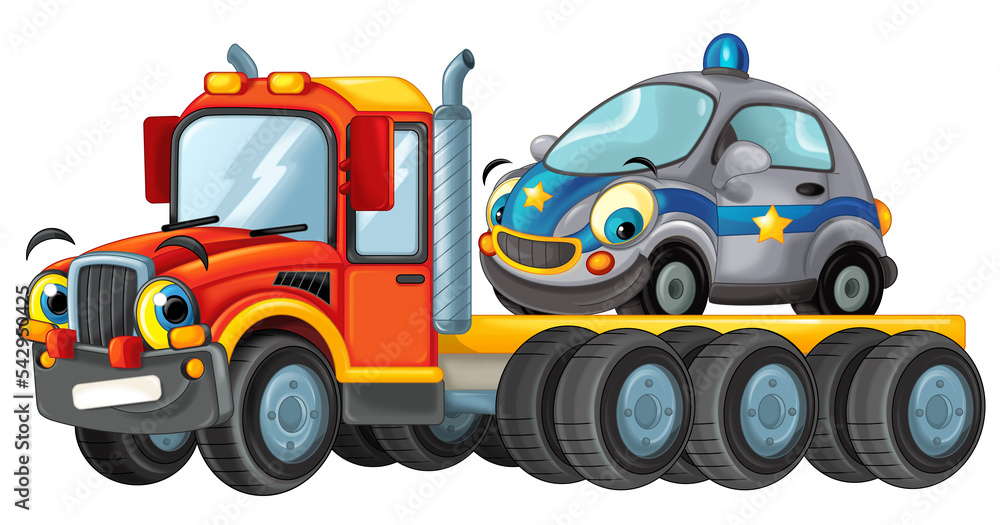 Naklejka premium cartoon tow truck driving with load other car isolated