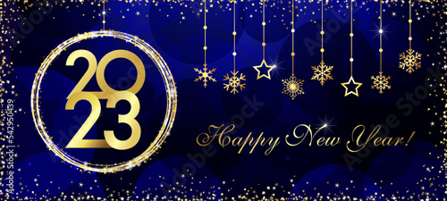2023 Happy New Year golden medal glittering snowflakes. 20 23 Christmas design for greeting card, discount poster or sale banner. Vector illustration