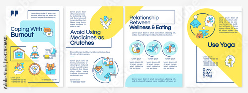 Cope with burnout blue and yellow brochure template. Care of yourself. Leaflet design with linear icons. Editable 4 vector layouts for presentation, annual reports. Questrial, Lato Regular fonts used