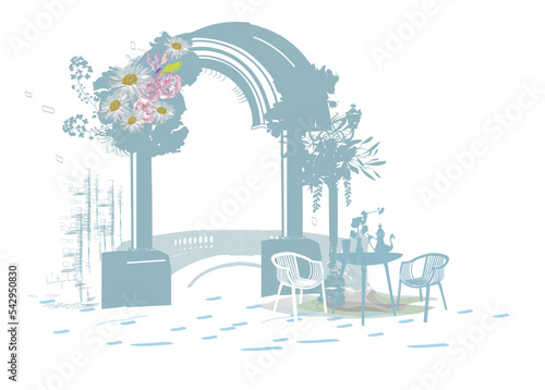 Series of backgrounds decorated with flowers, old town views and street cafes.    Hand drawn vector architectural background. 
