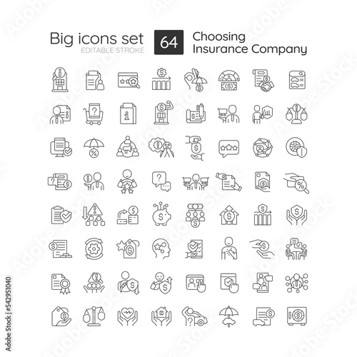 Choosing insurance company linear icons set. Coverage service. Financial protection. Customizable thin line symbols. Isolated vector outline illustrations. Editable stroke. Quicksand-Light font used