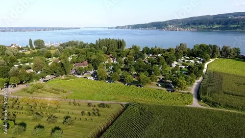 Flight to a camping site on the shore of Lake Constance on a summer day photo