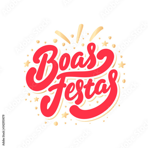 Boas Festas. Happy holidays in Portugues. Vector handwritten lettering card.