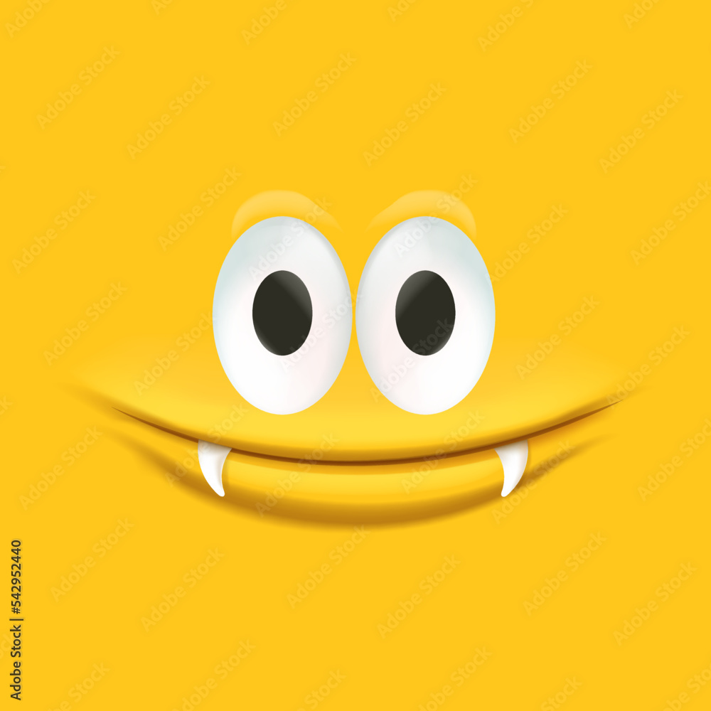 Vector funny blue monster face with open mouth with fangs and eyes isolated on orange background. Halloween cute and funky monster design template for poster, banner and tee print Vector funny blue monster face with open mouth with fangs and eyes isolated on orange background. Halloween cute and funky monster design template for poster, banner and tee print