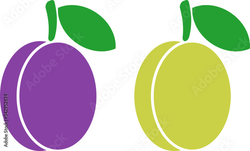 Plum, vector icon. Purple and yellow plums on a white background.