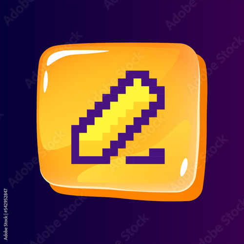 Text correction glossy ui button with pixelated color icon. Digital service for customer. Editable 8bit graphic element on shiny glass rectangle shape. Isolated image for arcade, video game design