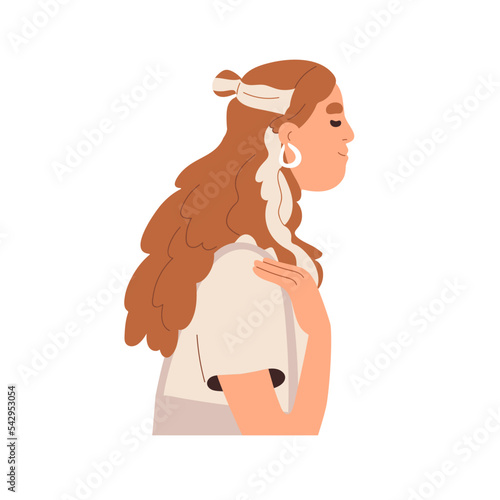 Young woman profile with calm smiling emotion, relaxed peaceful face expression. Modern happy girl enjoying. Female with dyed strands, earrings. Flat vector illustration isolated on white background
