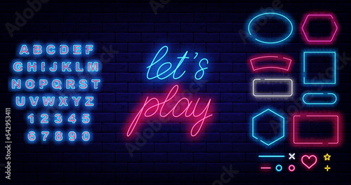 Lets play neon lettering. Various frames collection on brick wall. Glowing blue alphabet. Vector stock illustration