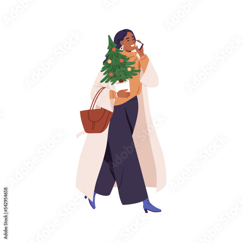 Happy woman going outdoors in winter, speaking on phone, carrying Christmas fir tree in pot. Young girl walking with Xmas holiday decoration. Flat vector illustration isolated on white background