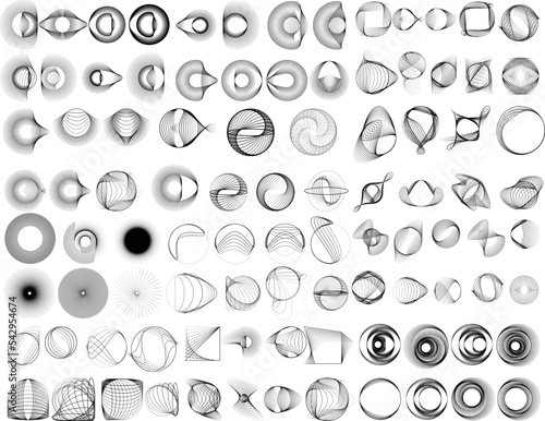 Big set of lines in Circle Form . Spiral Vector Illustration .Big collection of round Logos .  . Abstract Geometric circular shapes .Rotating radial lines collection. Concentric circles