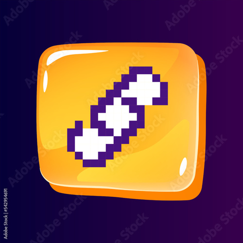 Link glossy ui button with pixelated color icon. Add website. Connection with internet. Editable 8bit graphic element on shiny glass rectangle shape. Isolated image for arcade, video game design