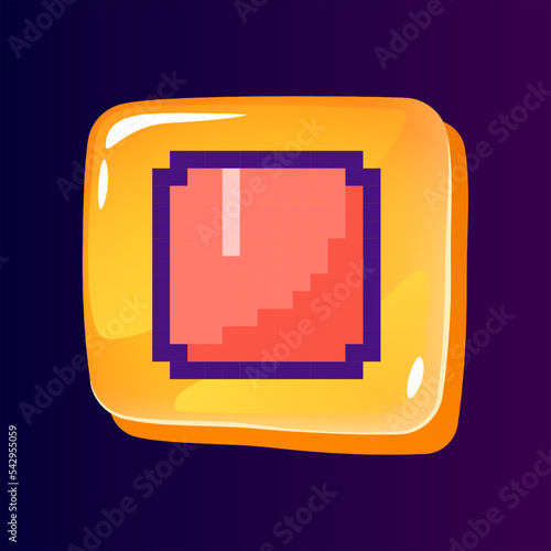 Full stop glossy ui button with pixelated color icon. Multimedia player control. Technology. Editable 8bit graphic element on shiny glass rectangle shape. Isolated image for arcade, video game design
