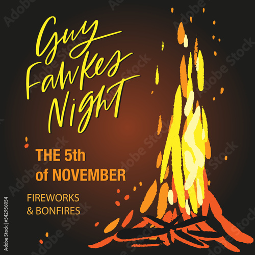 Guy Fawkes night flyer, banner template vector design with dark background and bonfire.
