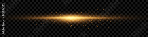 Flash light with fairy dust sparks and golden stars shine. Dusty shine light. Gold glowing light explodes background. Transparent shining sun, bright flash. Vector light.