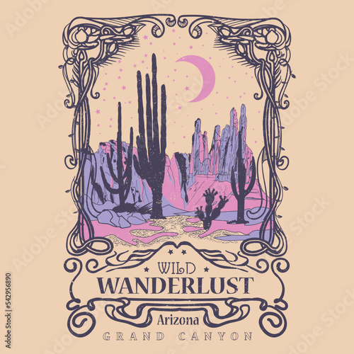Desert Wild Wanderlust, Grand Canyon arizona, Arizona desert dreams with light blast vector graphic print artwork for apparel, stickers, background and others. Desert night view retro vintage 