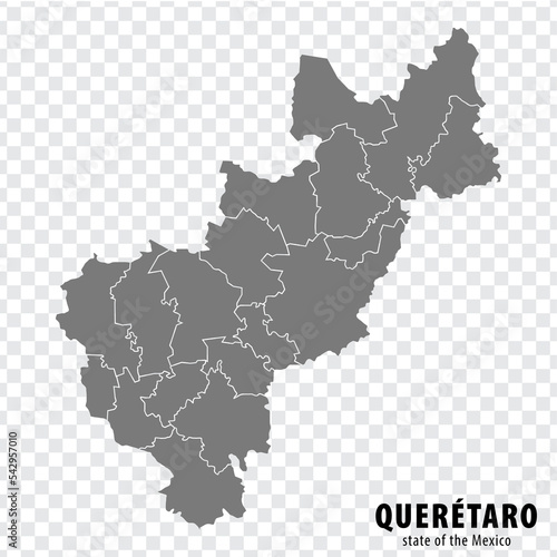 State Queretaro of Mexico map on transparent background. Blank map of Queretaro with regions in gray for your web site design, logo, app, UI. Mexico. EPS10.