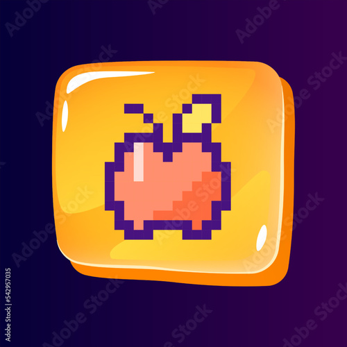 Fruit glossy ui button with pixelated color icon. Order fresh fruits. Online grocery service. Editable 8bit graphic element on shiny glass rectangle shape. Isolated image for arcade, video game design