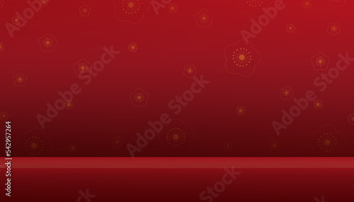 Red Background 3d Studio room with shelf, golden sakura on red lunar wallpaper background,Vector for Mid Autumn Festival, Asian Art Style for backdrop shooting product presentation,Chinese New Year