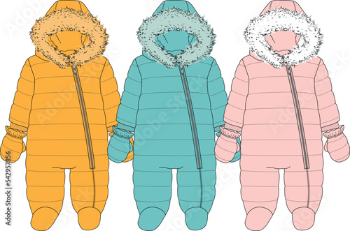 Baby Winter Jumpsuit with Hood flat sketch, BABY OUTERWEAR, Hooded all in one suit vector flat sketch, BABY OUTERWEAR, Hooded all in one suit vector 