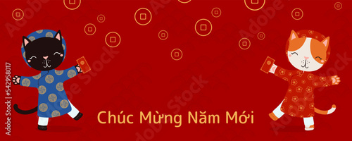 2023 Lunar New Year Tet cute cats in ao dai with red envelopes, Vietnamese text Happy New Year. Hand drawn vector illustration. Flat style design. Concept for holiday card, poster, banner.