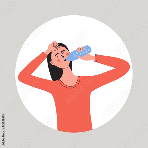 Thyrsty, dehydration prevention, balance of body maintenance concept. Young woman drinking fresh water from bottle. Flat vector illustration