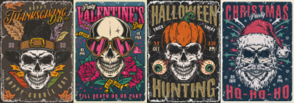 Skull party set posters colorful