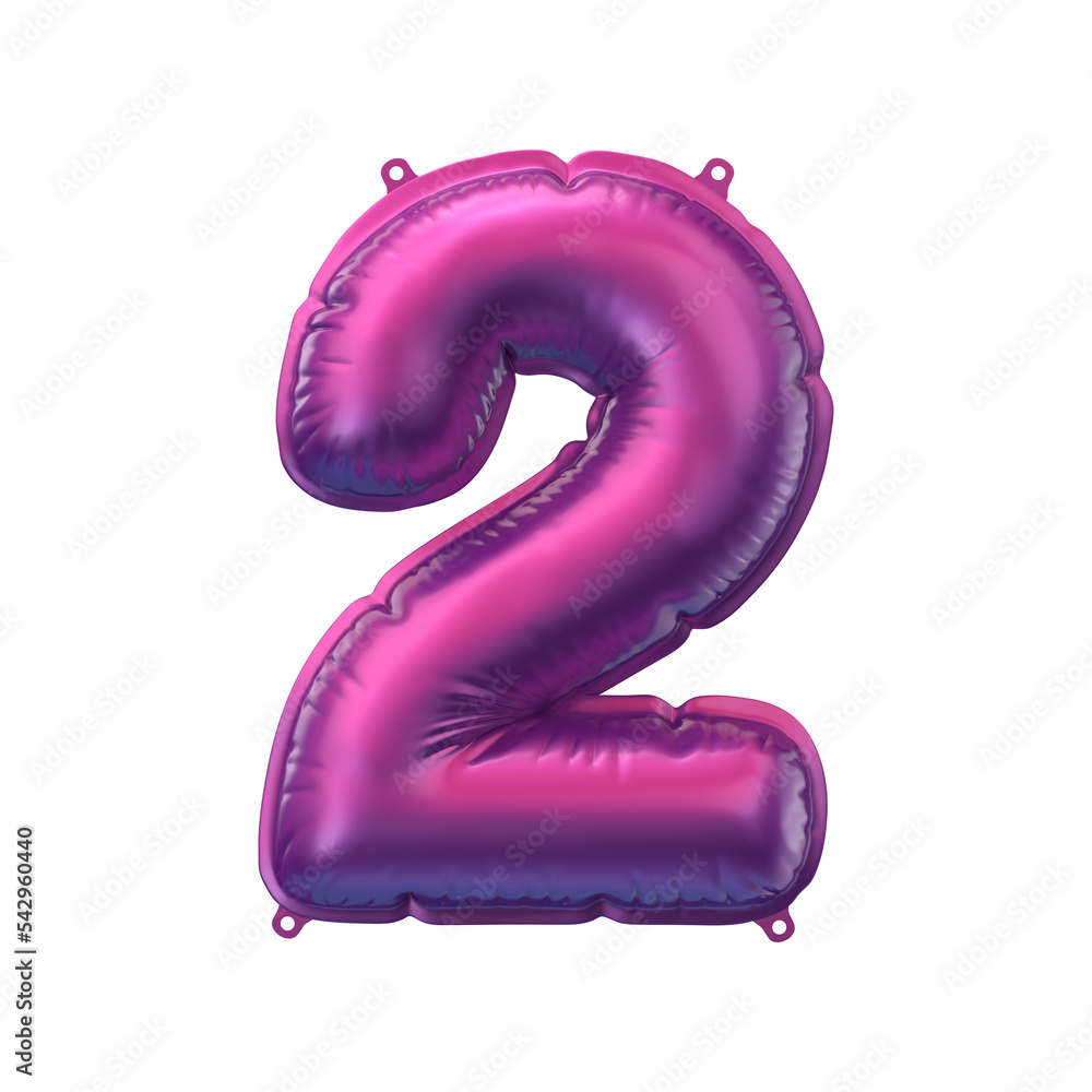 3D Render of pink purple inflatable foil balloon 2 figure. Party decoration element. Number two isolated on white background. New year celebration postcard part. Graphic element sign for web design