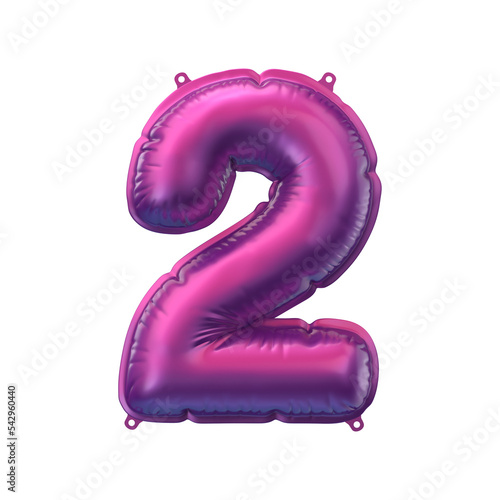 3D Render of pink purple inflatable foil balloon 2 figure. Party decoration element. Number two isolated on white background. New year celebration postcard part. Graphic element sign for web design