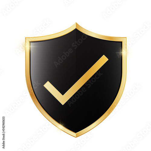 Golden checkmark on black glossy shield vector illustration