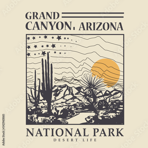 Grand Canyon, arizona national park, Arizona desert dreams with light blast vector graphic print artwork for apparel, stickers, background and others. Desert night view retro vintage