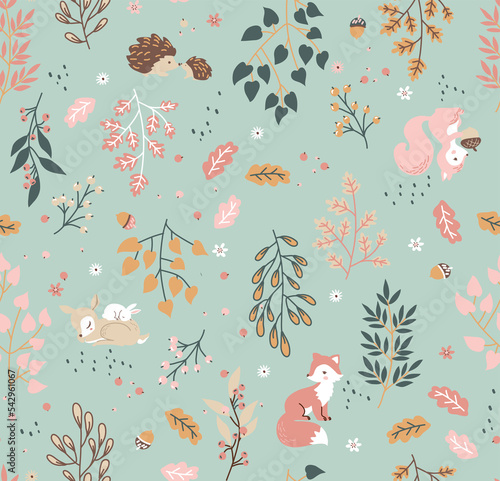 Forest seamless pattern with cute animals - fox, deer, squirrel, rabbit, hedgehog. A pattern of leaves and berries. 
 photo