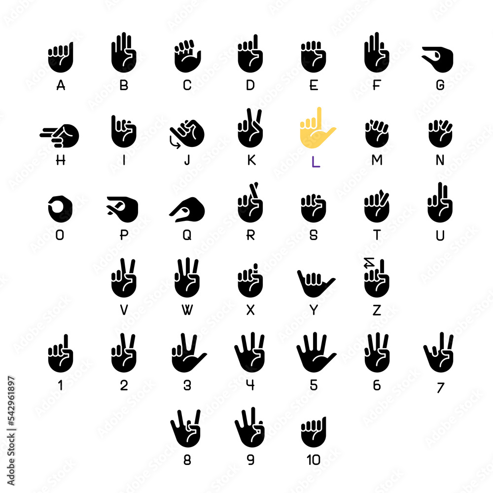 American sign language black glyph icons set on white space ...