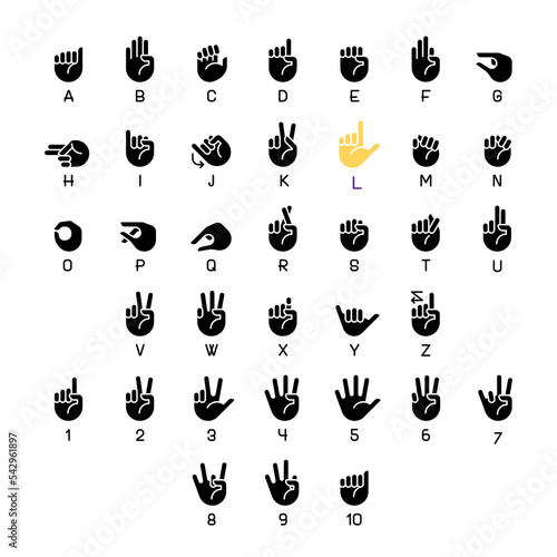American sign language black glyph icons set on white space. Communication system. Coping with deafness issue. Silhouette symbols. Solid pictogram pack. Vector isolated illustration
