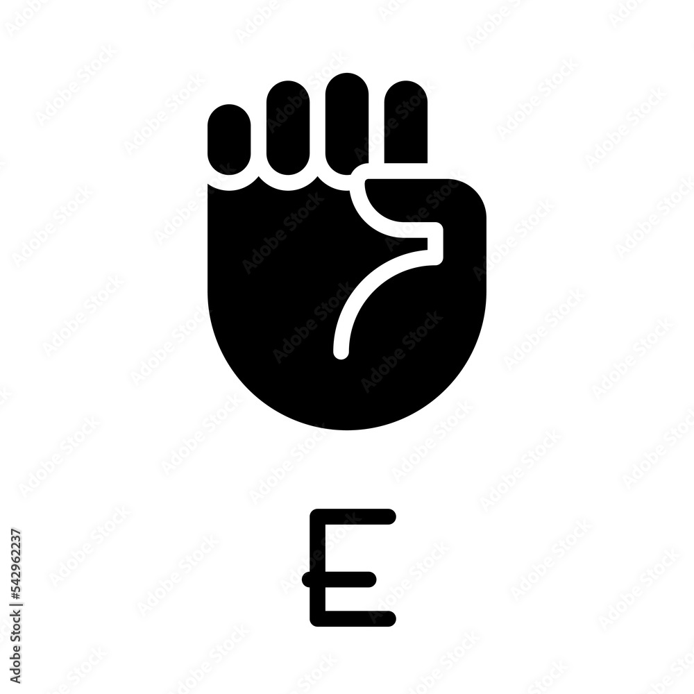 Letter E visualization in ASL black glyph icon. People with deafness support. Build words with visual signs. Silhouette symbol on white space. Solid pictogram. Vector isolated illustration Letter E visualization in ASL black glyph icon. People with deafness support. Build words with visual signs. Silhouette symbol on white space. Solid pictogram. Vector isolated illustration