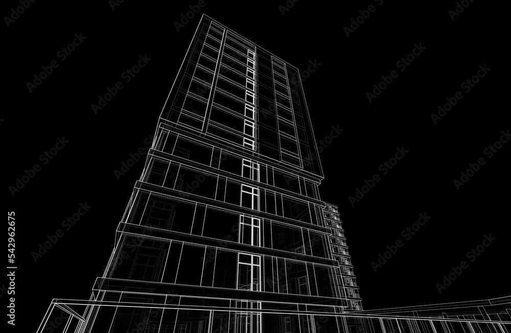 Fototapeta premium Modern building on black background linear 3d drawing